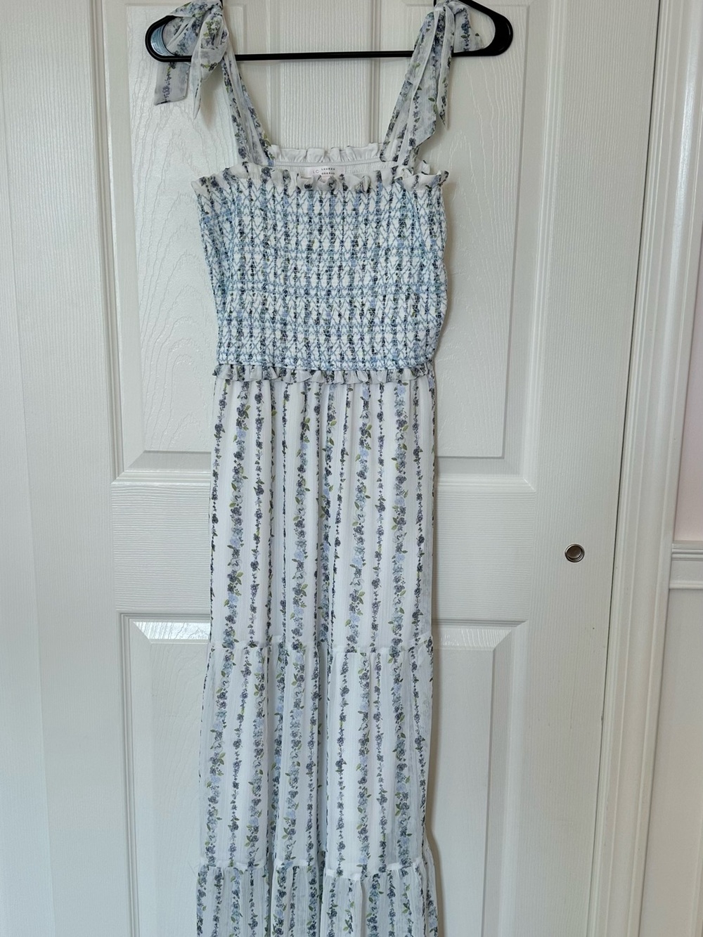 LC Lauren Conrad White Maxi Dress with Blue Floral Stripes